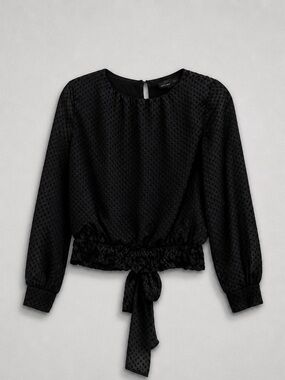 Textured Black Long-Sleeve Tie-Hem Blouse